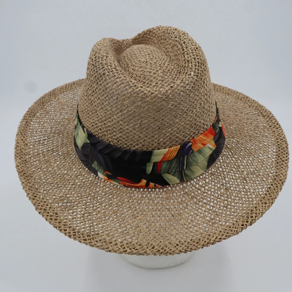 Hawaiian Headwear Straw Fedora Hat Unisex‎ OSFA Tan Tropical Floral Band